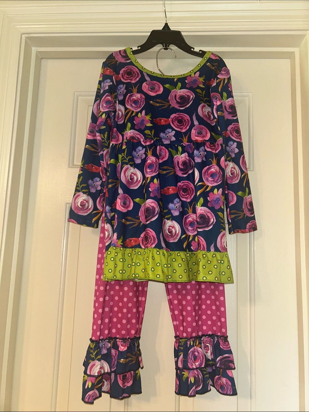 Girls Navy Floral & Pink Polka Dot Pajama Set with Lime Accents